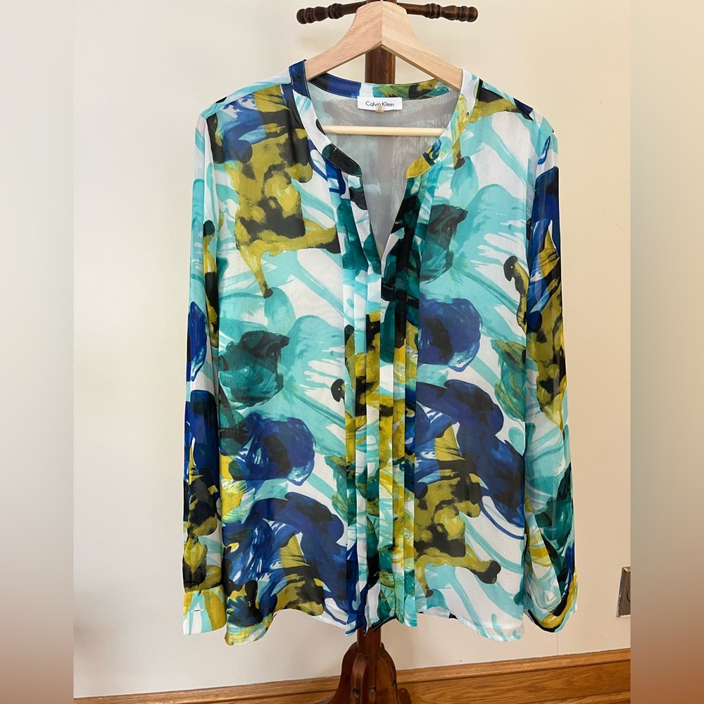 Calvin Klein Blue and Yellow Abstract Blouse
